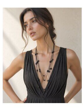 Black Multi-Strand Beaded Layered Statement Necklace – Boho Style